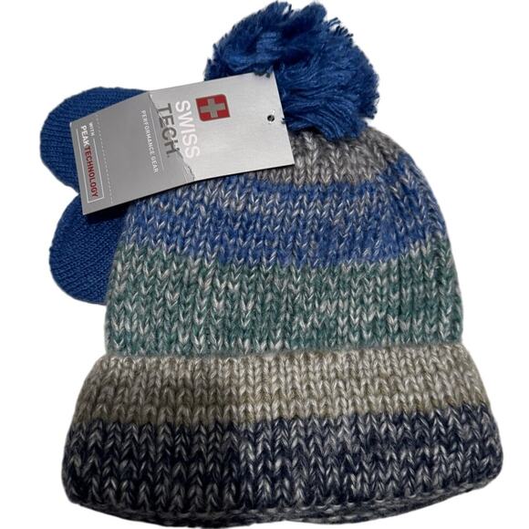 SWISS TECH Beanie & Mittens Set NWT Blue Green Toddler OS Ages 24 mos. & older - Picture 2 of 3